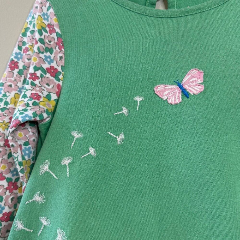 MINI BODEN Guinea Pig Applique Dress Girls 5-6 Green Tunic Floral Sleeves - Picture 4 of 6